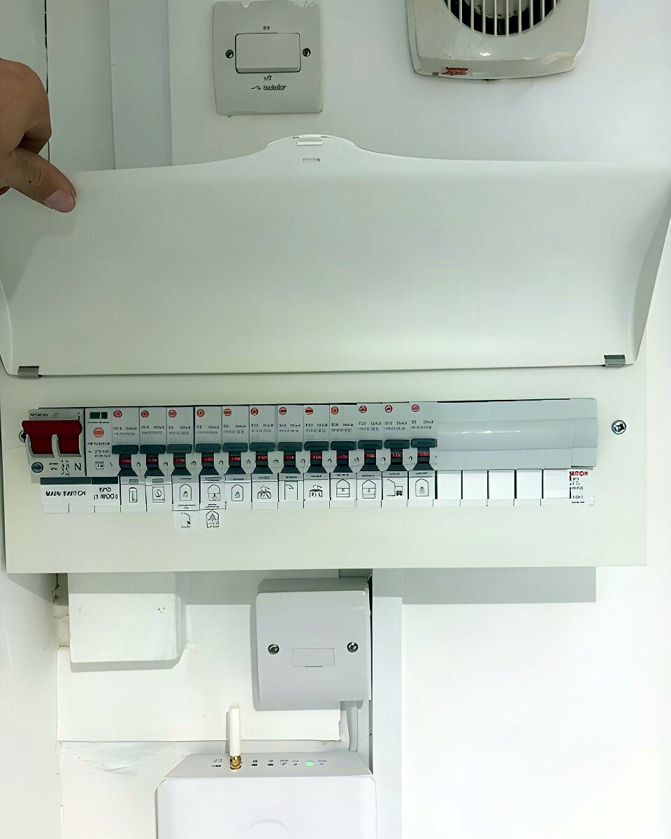 New consumer unit with the cover on and every circuit labelled