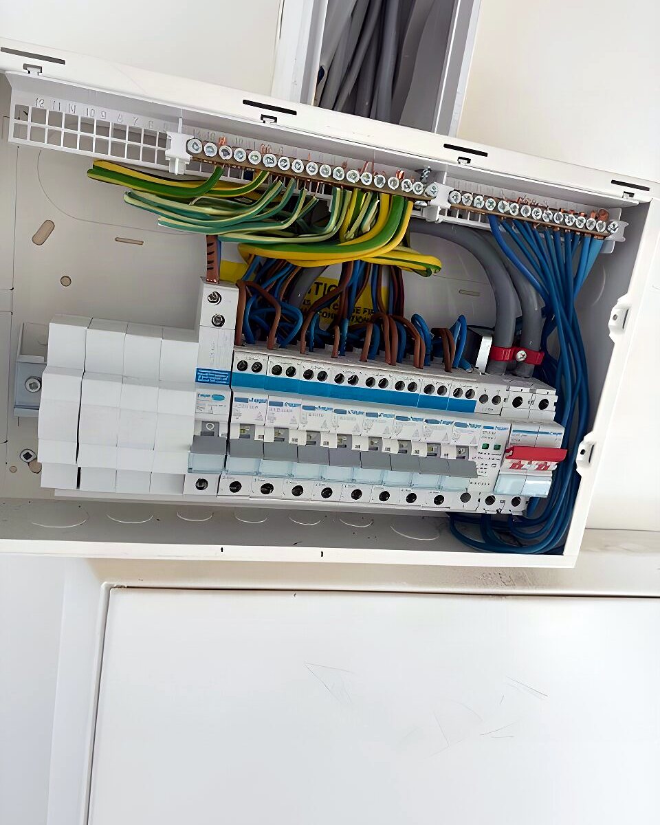 New consumer unit fitted in a cupboard, cables tidied into the board